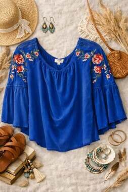 Umgee Blue Boho Floral Embroidered Off-Shoulder Bell Sleeve Blouse